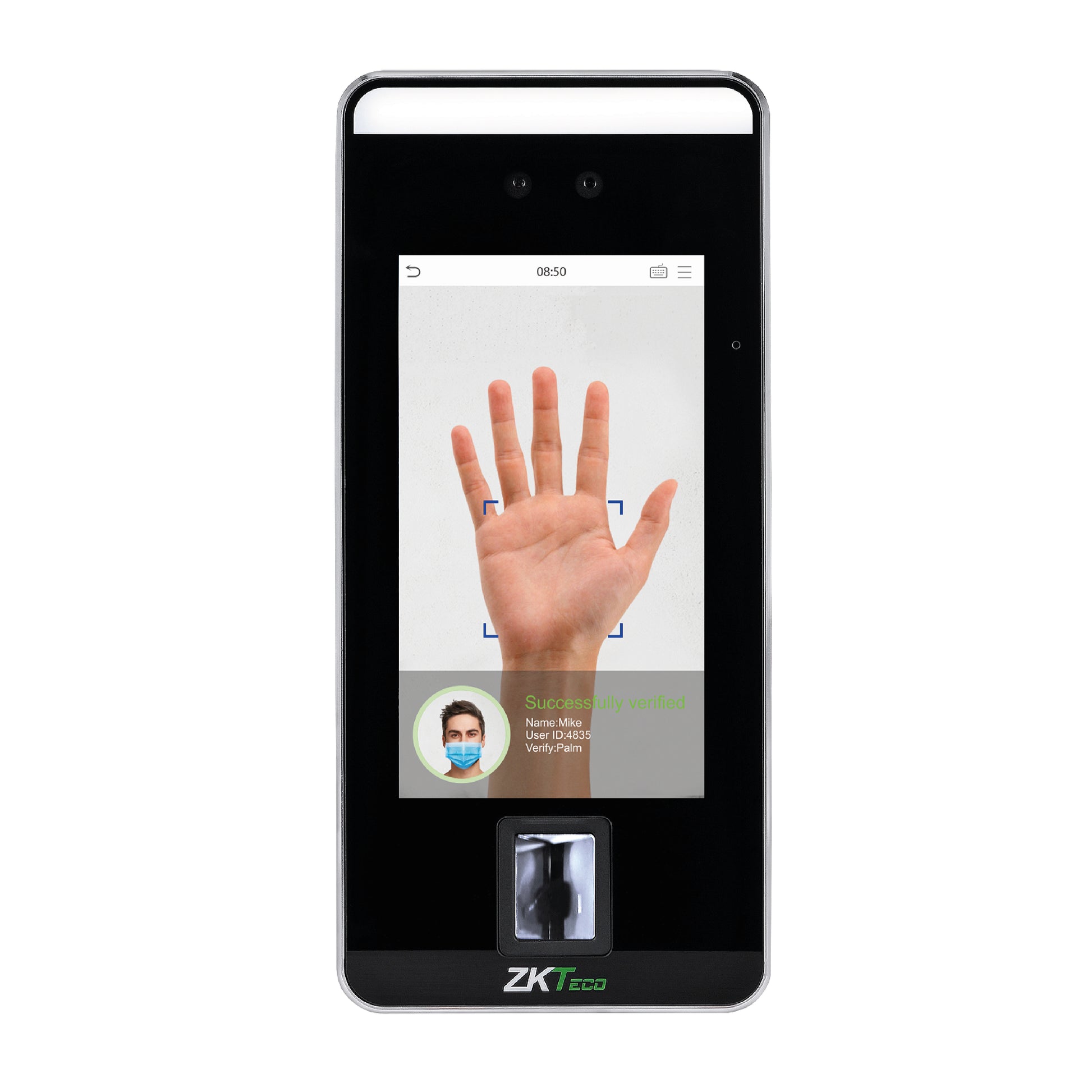 Terminal biométrico ZKTeco SpeedFace V5L con reconocimiento facial Visible Light y lectura de palma