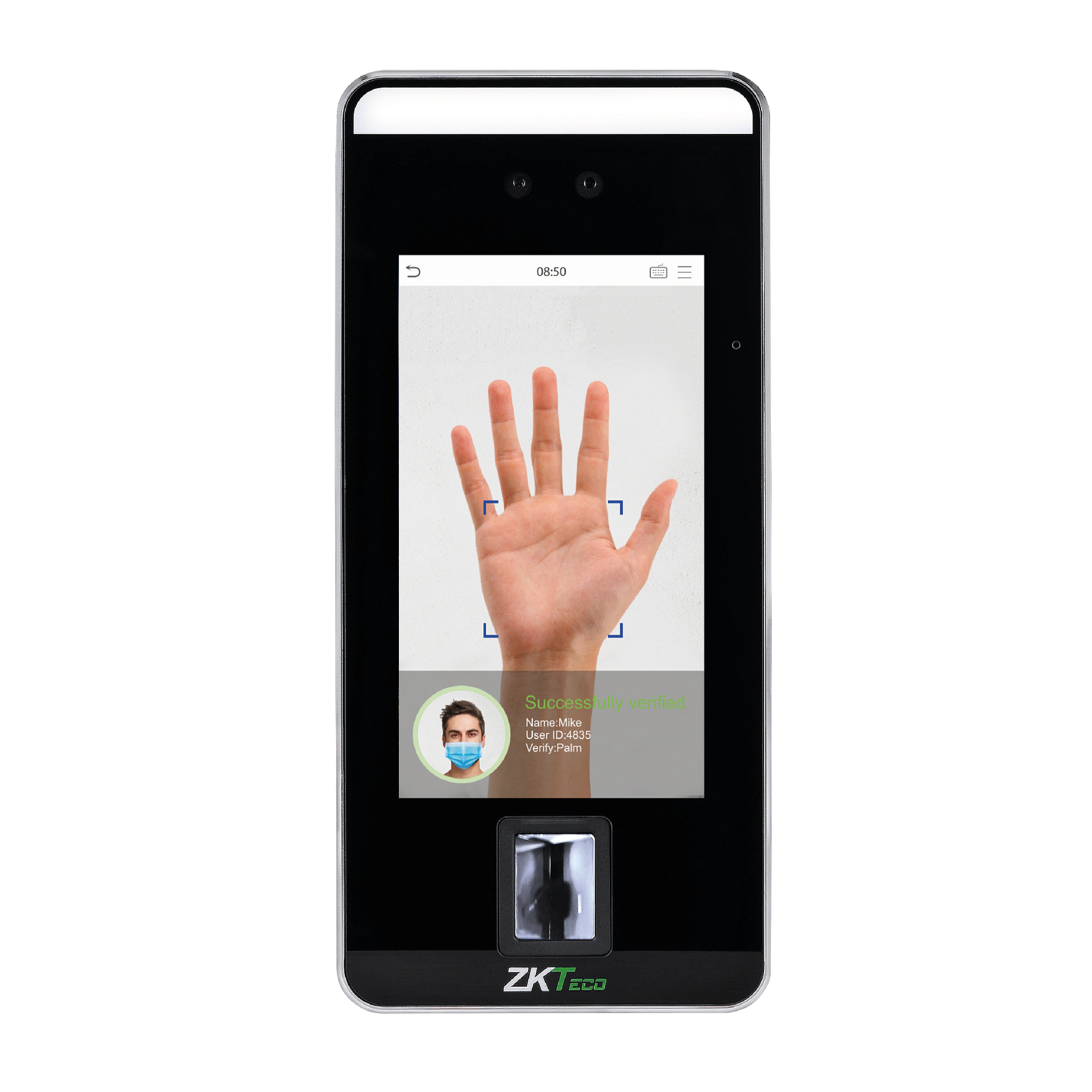 Terminal biométrico ZKTeco SpeedFace V5L con reconocimiento facial Visible Light y lectura de palma